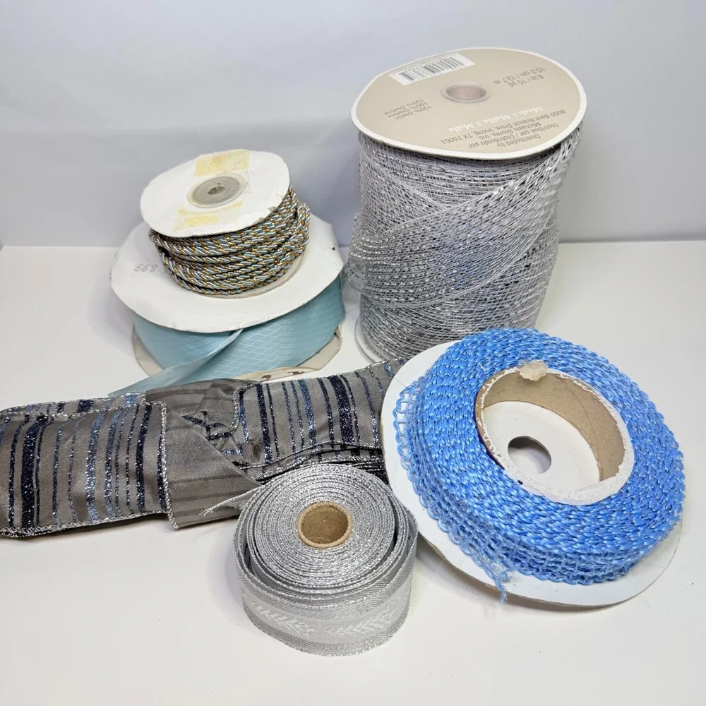 Blue Silver Craft Ribbon Trim Lot Deco Mesh Braided Cord Metallic 6pc Crafting